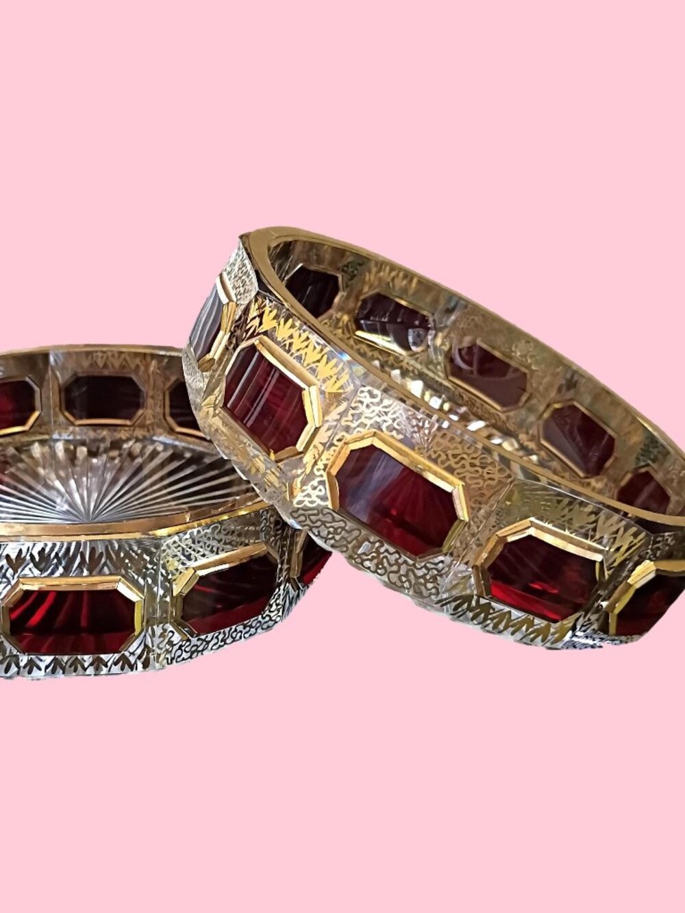 1920's Moser Art Deco 24k Gold & Ruby Red Cabochon Crystal Pair of Ashtrays